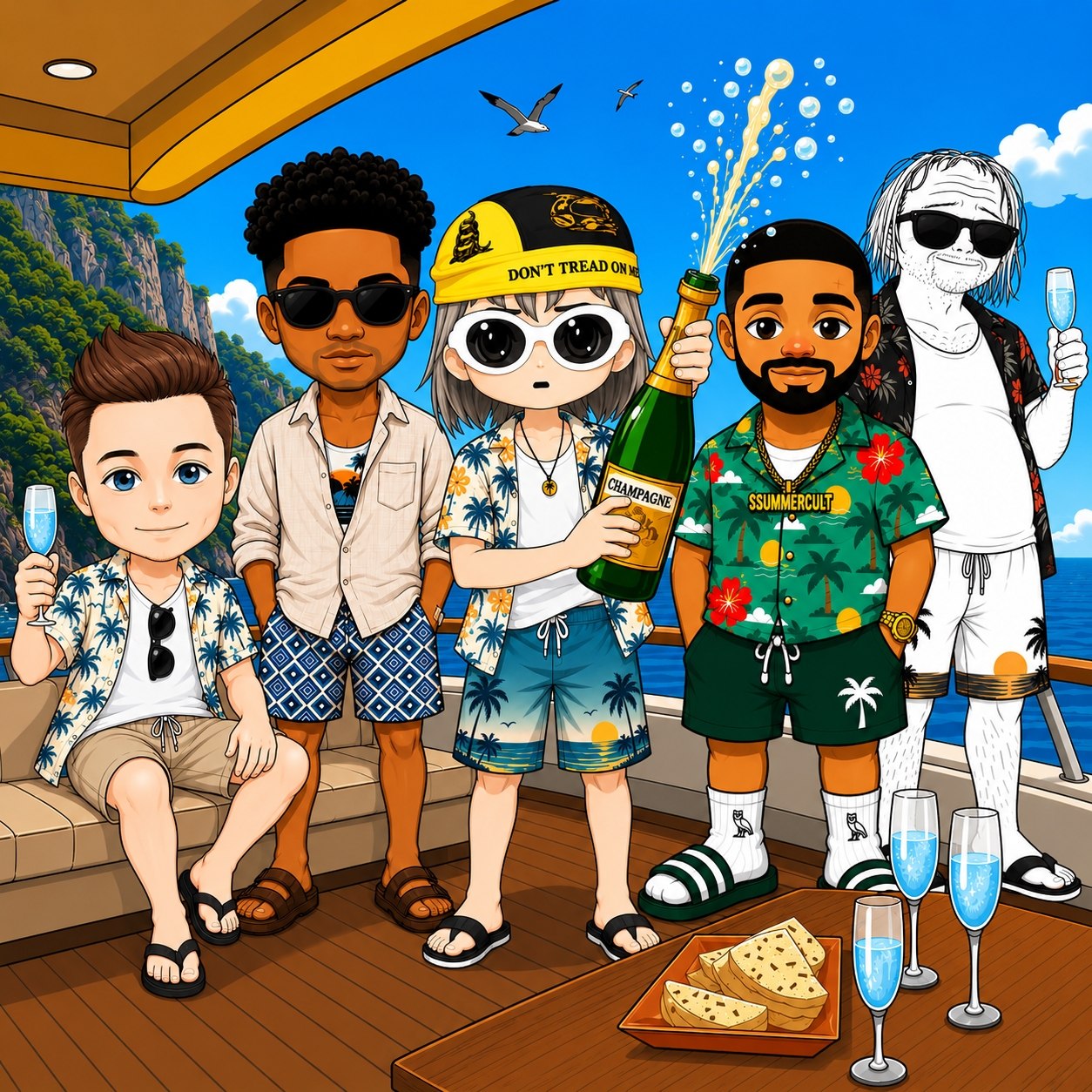 Summer Cult popping champagne on a yacht